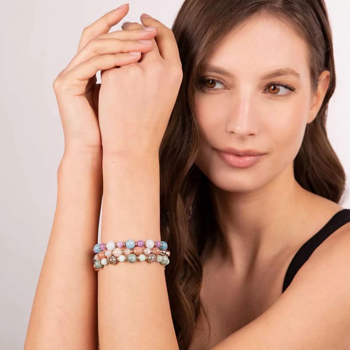 Hot Bracciale Elastico Con Pietre Naturali E Pepite In Golden Rose Bracciali