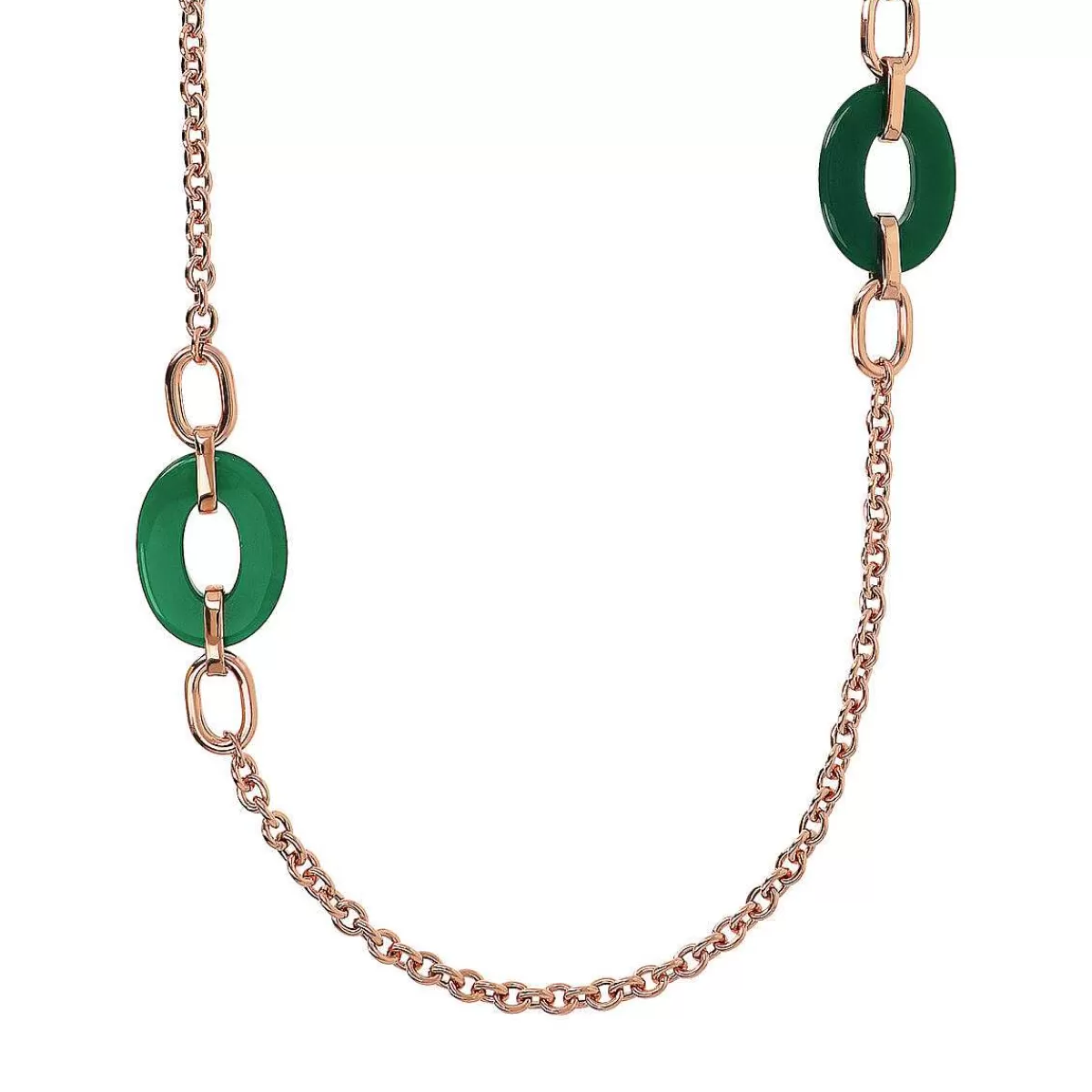 Fashion Collana Catena Rolo Con Maglie Traforate E Agata Verde Ovale Collane