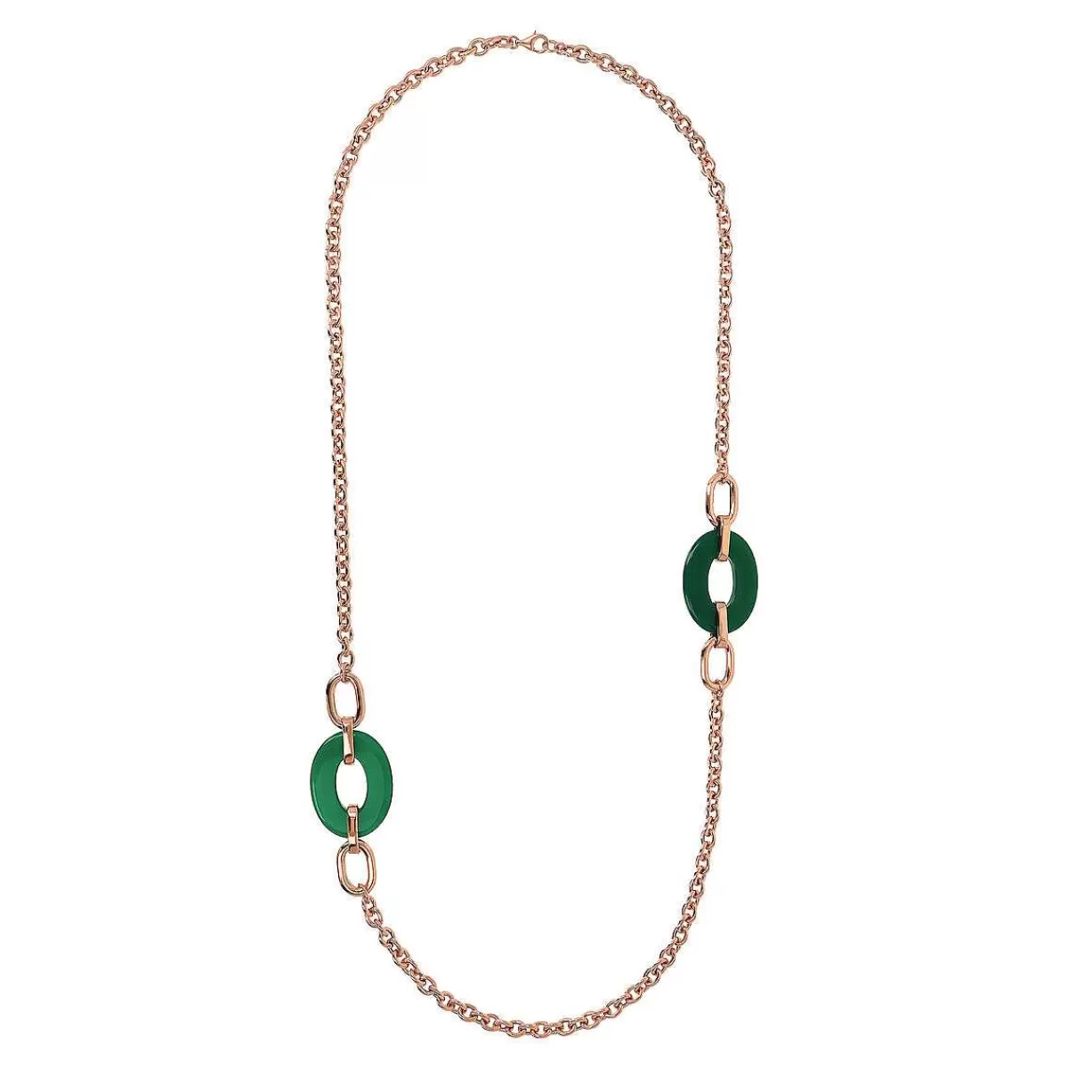 Fashion Collana Catena Rolo Con Maglie Traforate E Agata Verde Ovale Collane
