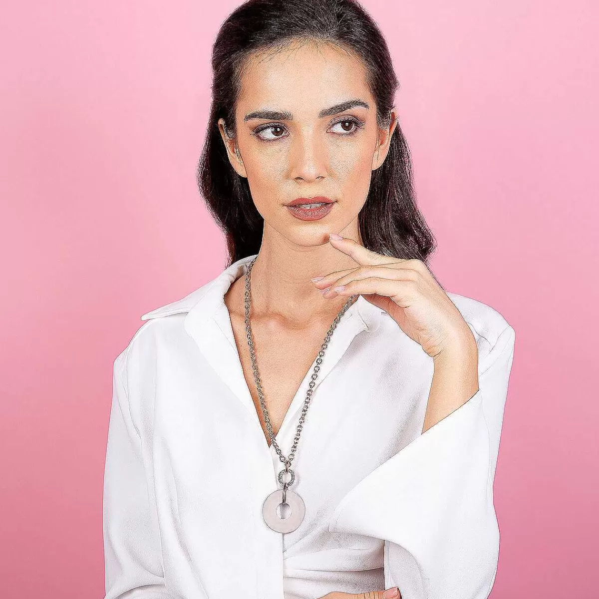 Sale Collana Catena Rolo Con Pendente Doppio Cerchio In Pietra Naturale E Zirconi Collane