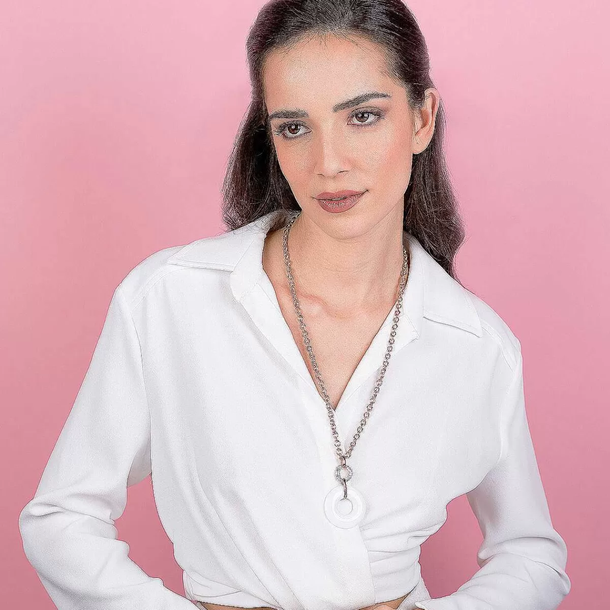 Sale Collana Catena Rolo Con Pendente Doppio Cerchio In Pietra Naturale E Zirconi Collane