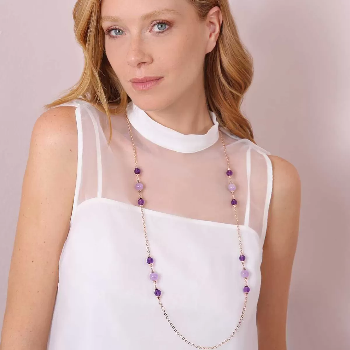 Fashion Collana Catena Rolo Con Rondelle E Sfere Di Ametista Viola Collane