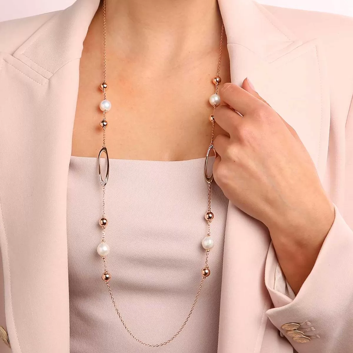 Outlet Collana Lunga Catena Rolo Con Dettagli Ovali E Perle Coltivate D'Acqua Dolce O 12 Mm Collane