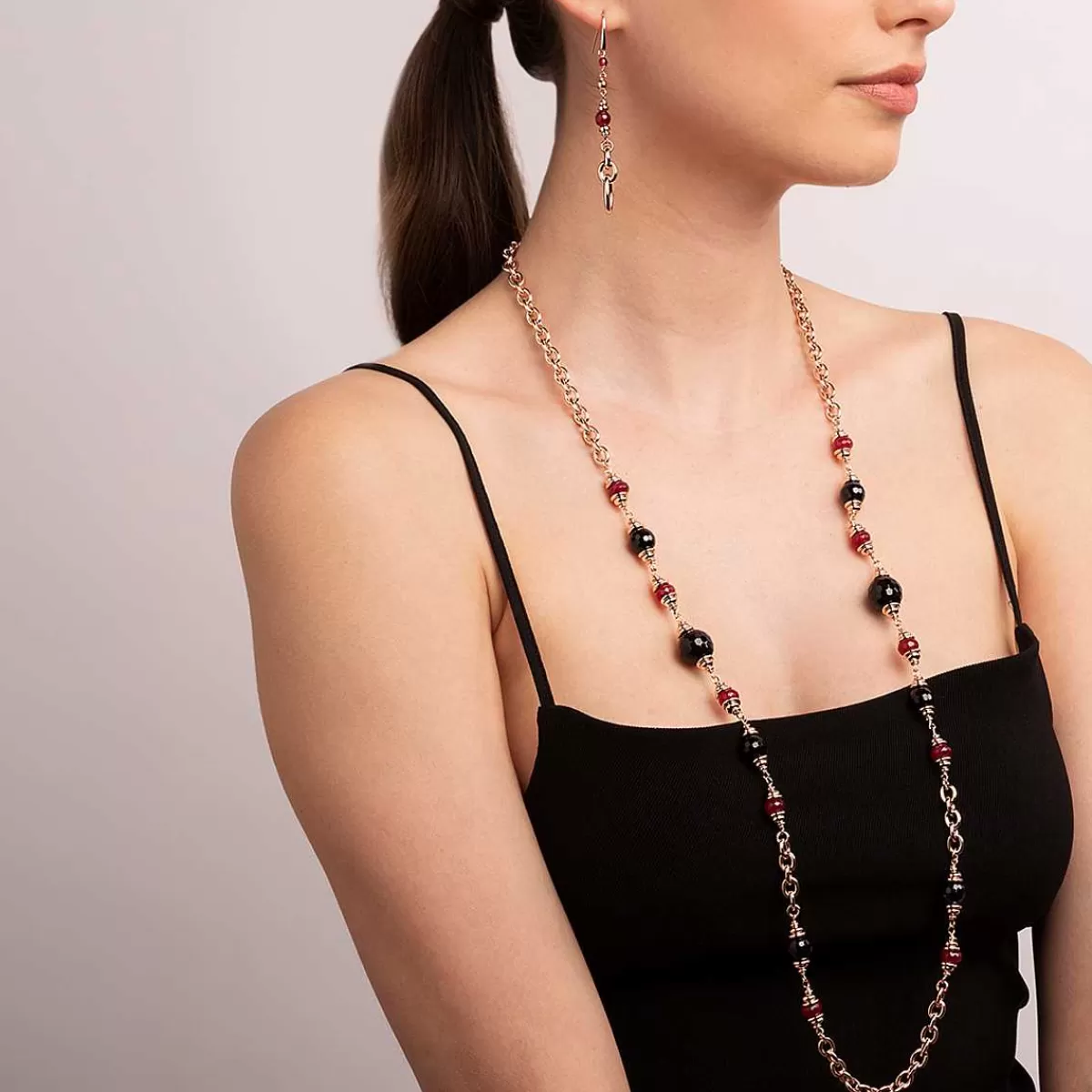 Cheap Collana Lunga Catena Rolo Con Onice Nero E Quarzo Rosso Collane
