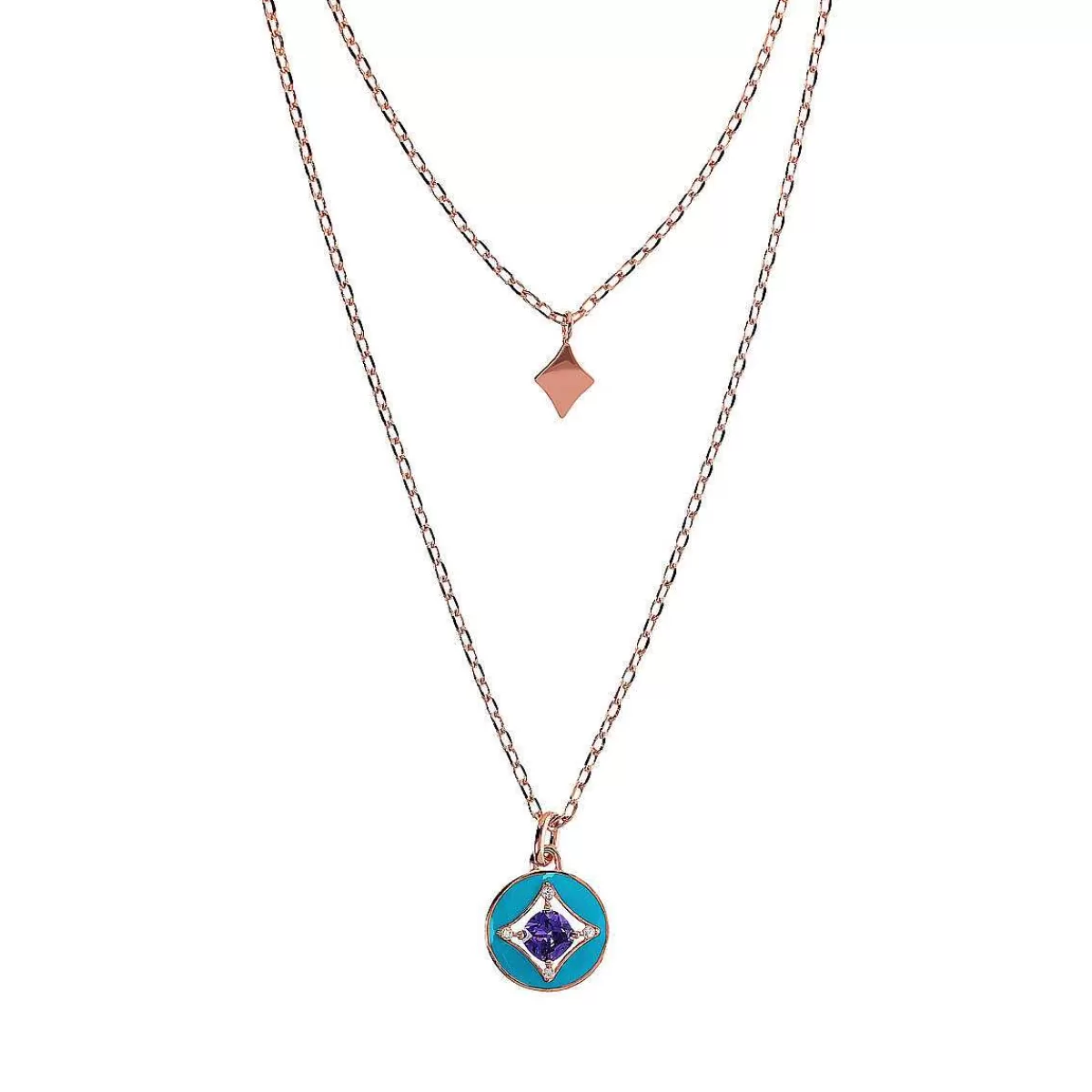 Clearance Collana Multifilo Catena Forzatina Con Pendente Etoile E Pendente Tondo Smaltato Con Cubic Zirconia Collane